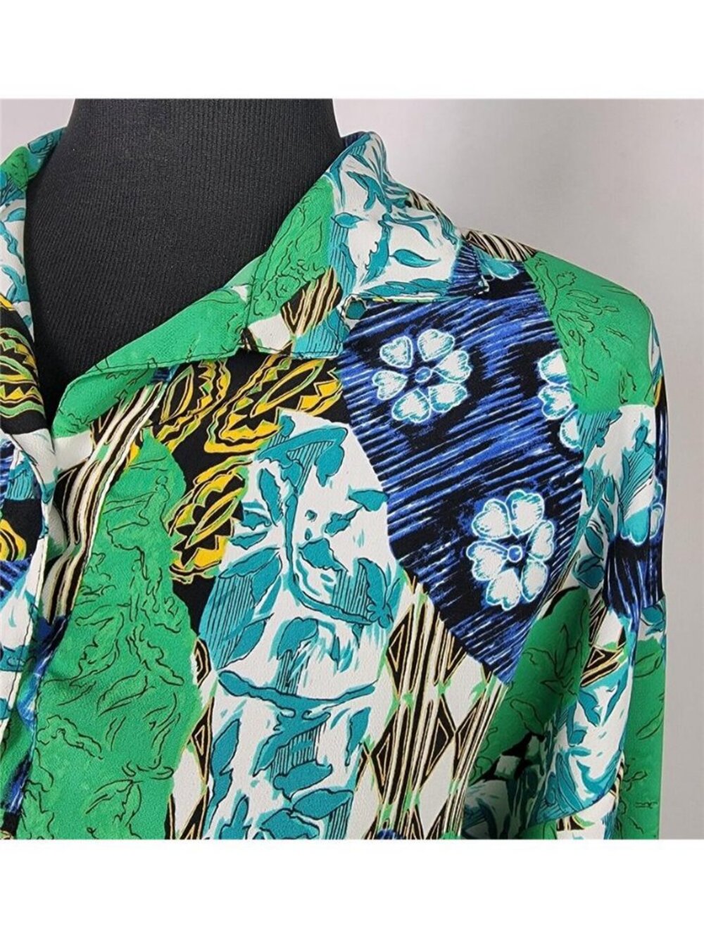 Green Blue 90s Retro Abstract Floral Blouse Elastic Hem Women M / 46" Chest - Picture 3 of 10